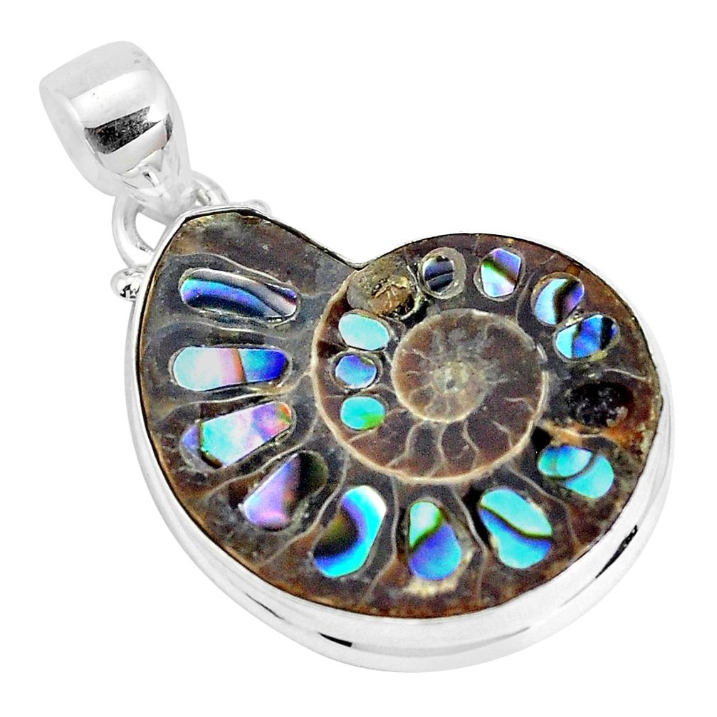 16.87cts natural multi color abalone in ammonite 925 silver pendant p29762