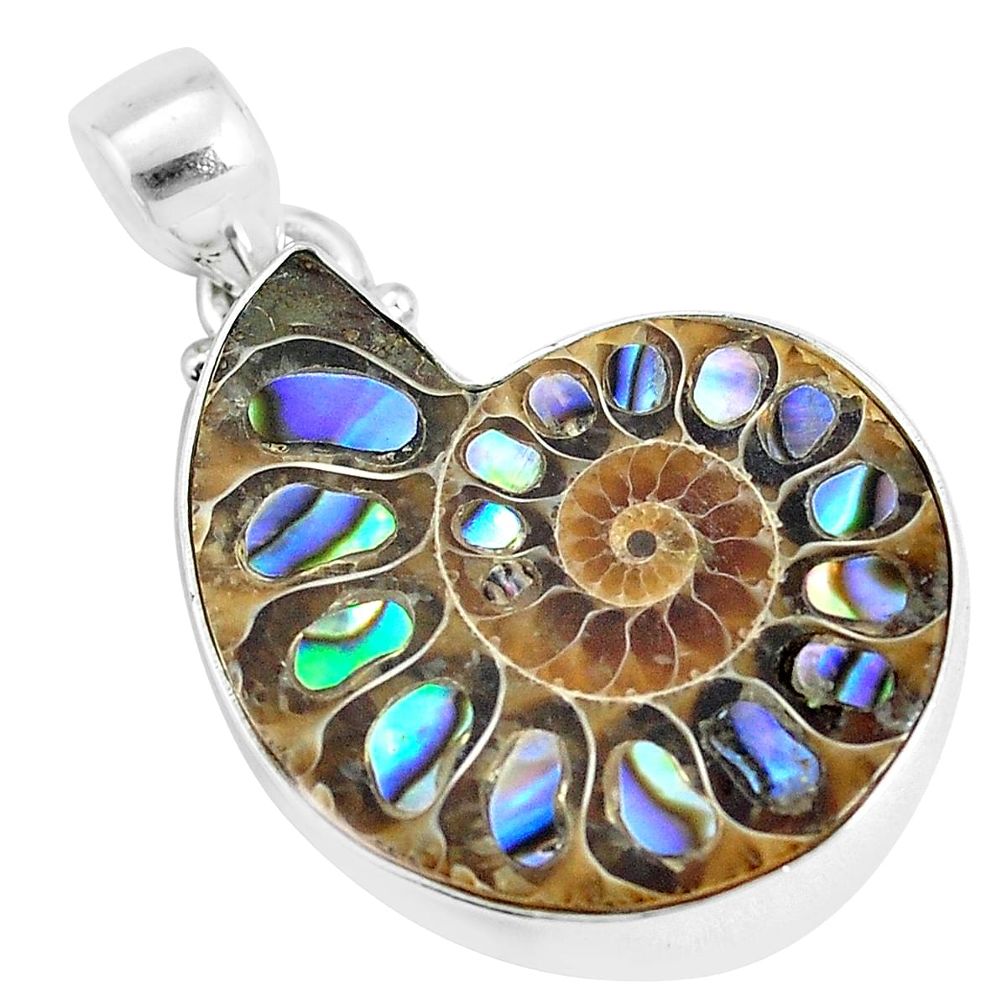 19.82cts natural multi color abalone in ammonite 925 silver pendant p29766