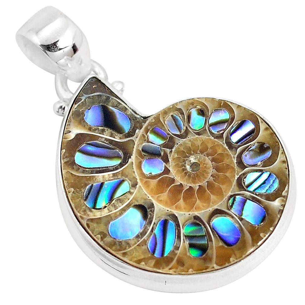 18.29cts natural multi color abalone in ammonite 925 silver pendant p29770