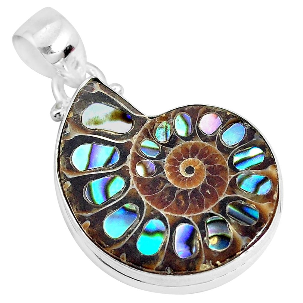 925 silver 16.54cts natural multi color abalone in ammonite fancy pendant p29772
