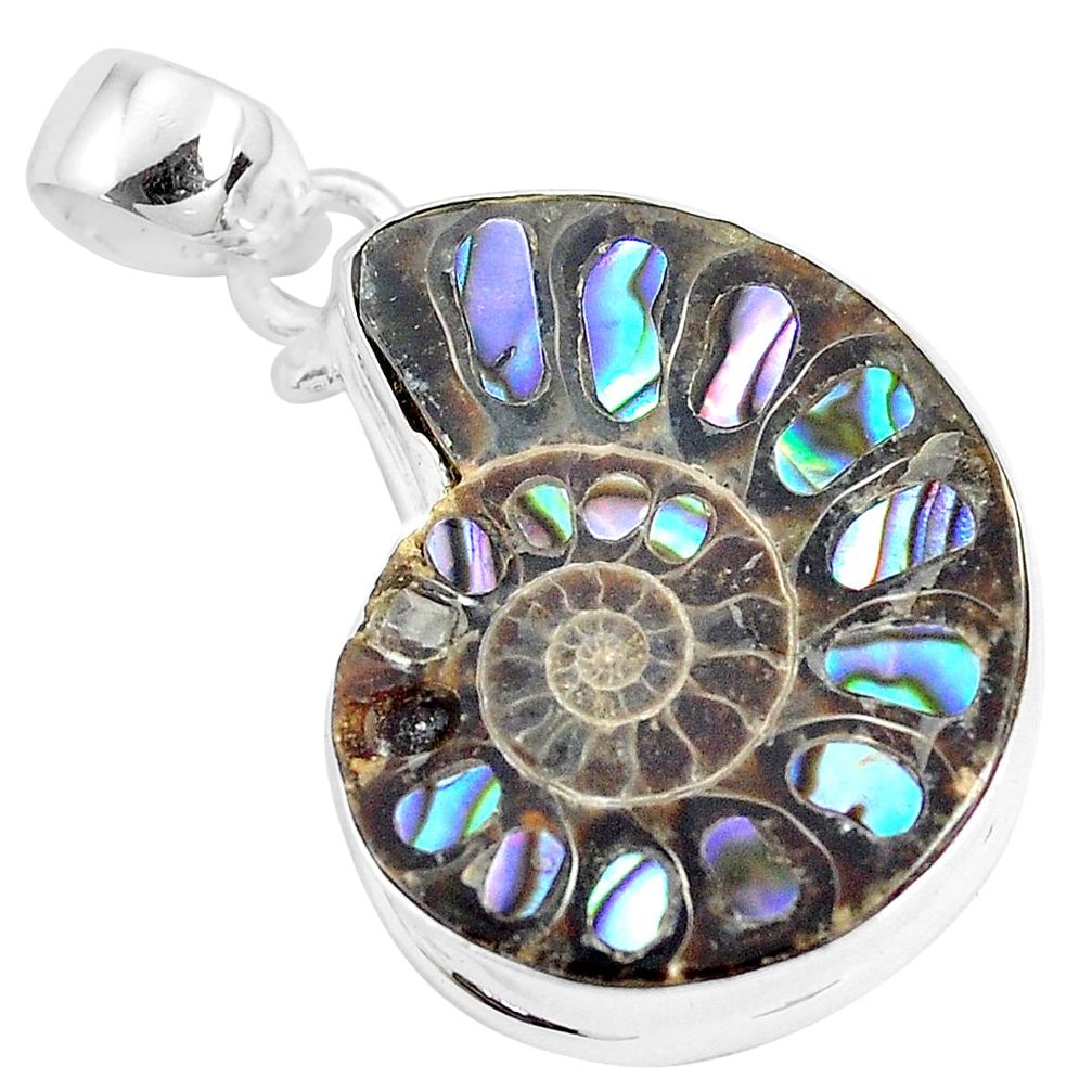 18.94cts natural multi color abalone in ammonite 925 silver pendant p29776