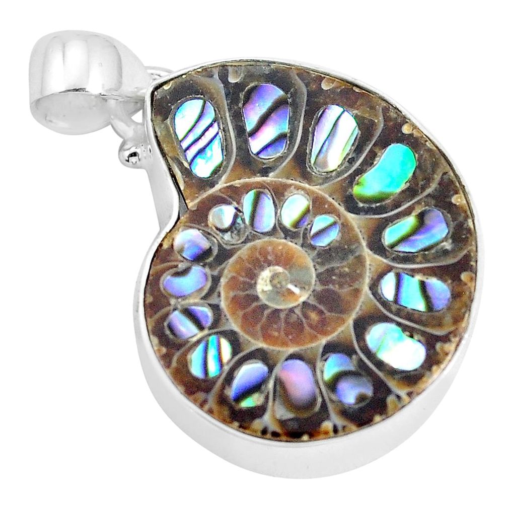 20.86cts natural multi color abalone in ammonite 925 silver pendant p29779