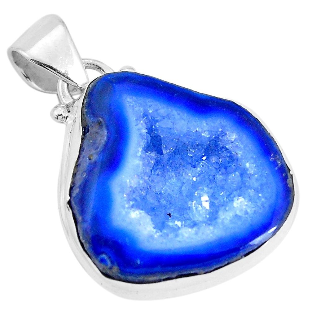 17.42cts natural blue geode druzy 925 sterling silver pendant jewelry p29822