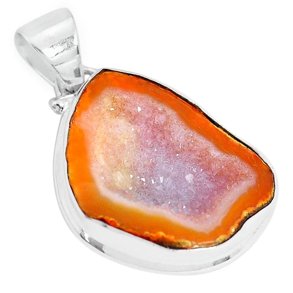 14.72cts natural orange geode druzy fancy 925 sterling silver pendant p29828