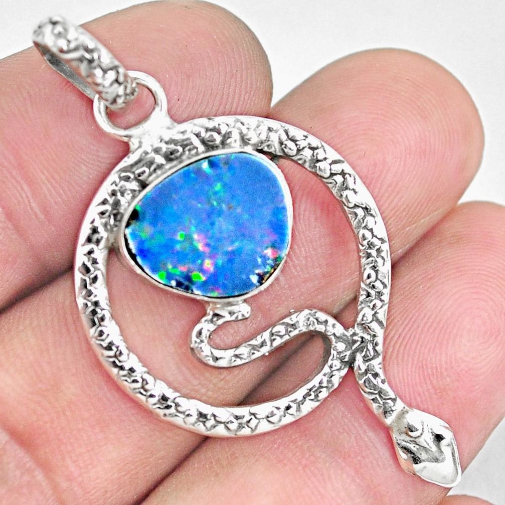 925 silver 5.38cts natural blue doublet opal australian snake pendant p29944
