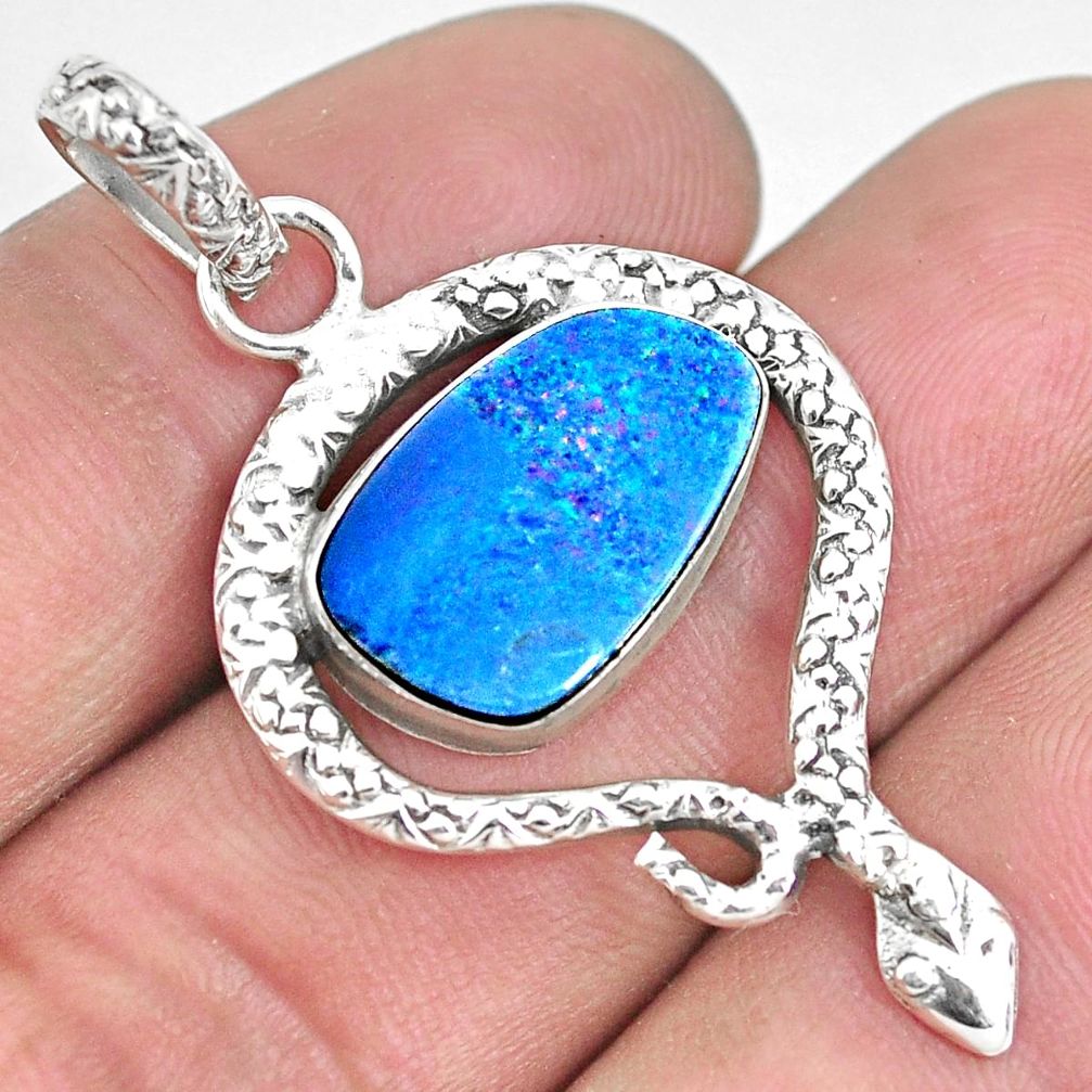 5.36cts natural blue doublet opal australian 925 silver snake pendant p29946