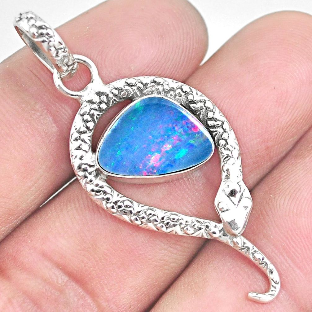 4.69cts natural blue doublet opal australian 925 silver snake pendant p29950