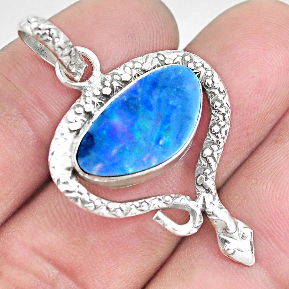 8.06cts natural blue doublet opal australian 925 silver snake pendant p29951