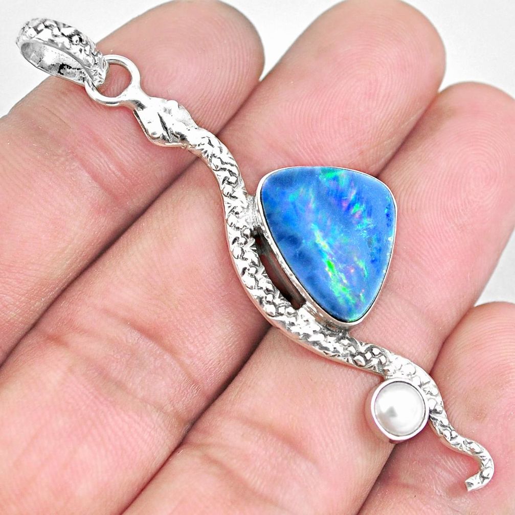925 silver 5.38cts natural blue doublet opal australian snake pendant p29958