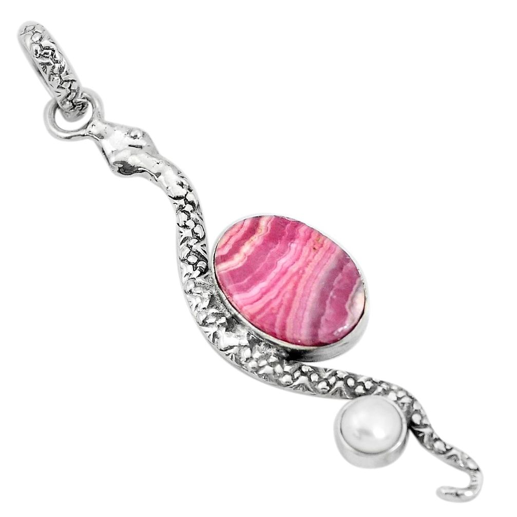 6.53cts natural pink rhodochrosite inca rose 925 silver snake pendant p29991