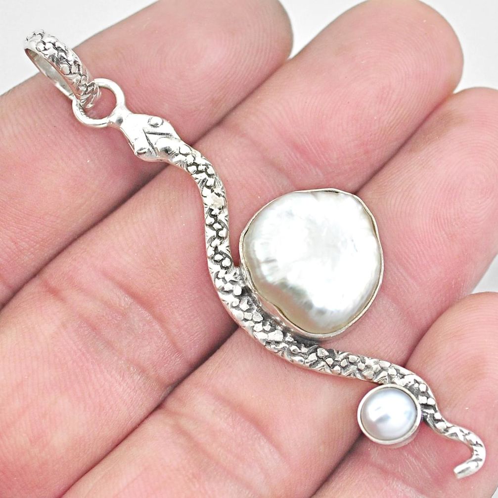 925 sterling silver 10.24cts natural white pearl snake pendant jewelry p30016