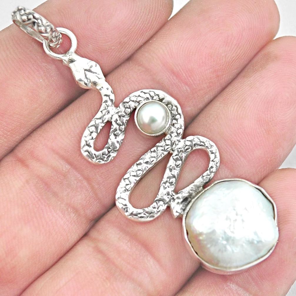 925 sterling silver 11.93cts natural white pearl snake pendant jewelry p30018