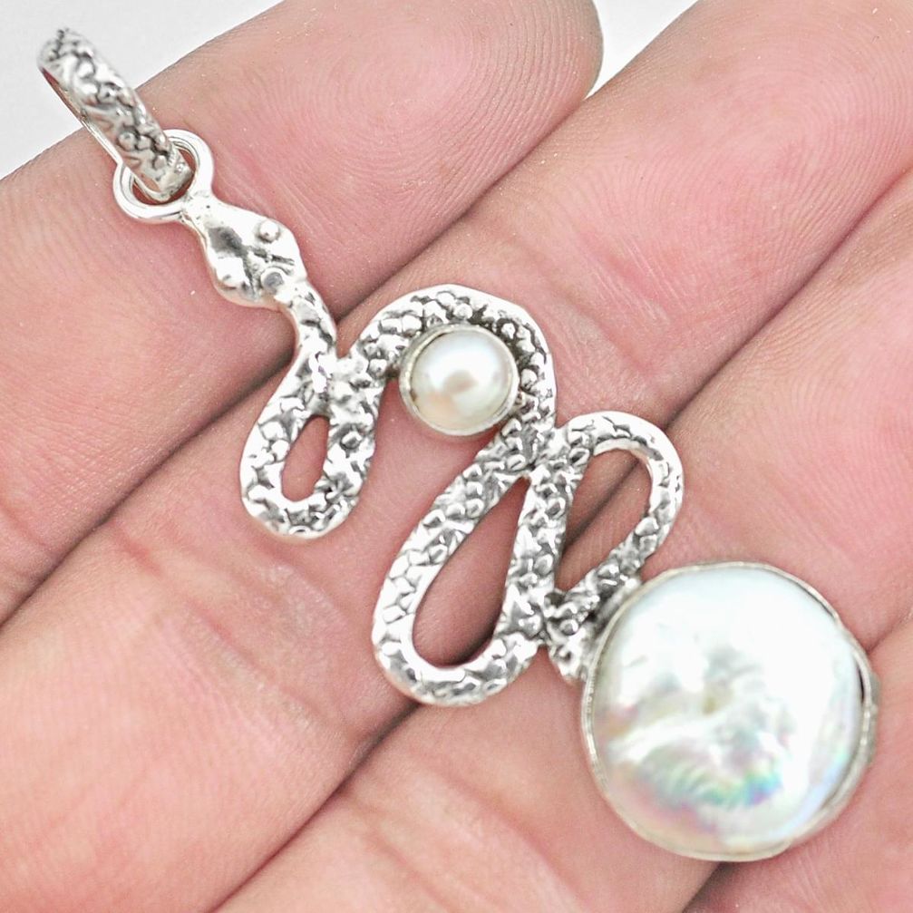 11.37cts natural white pearl 925 sterling silver snake pendant jewelry p30019