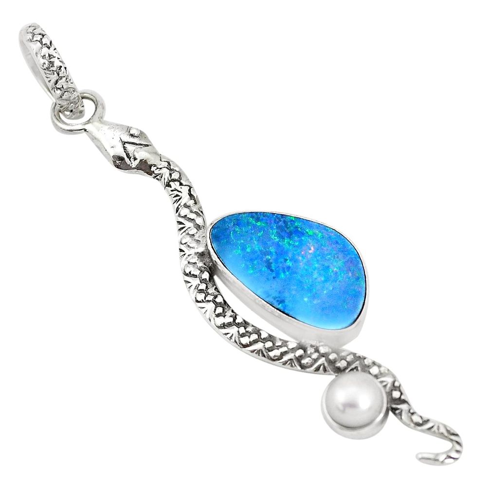 5.02cts natural blue doublet opal australian 925 silver snake pendant p30055