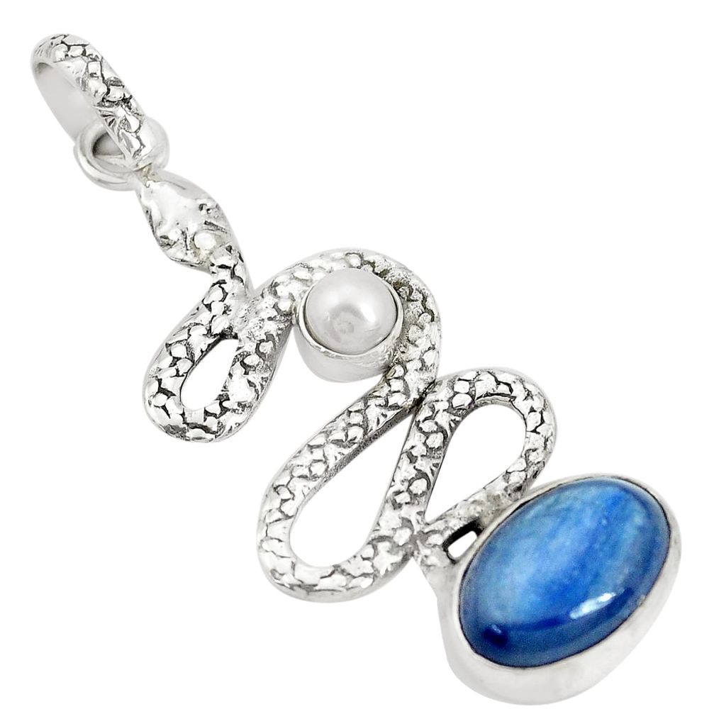 925 sterling silver 6.89cts natural blue kyanite pearl snake pendant p30057