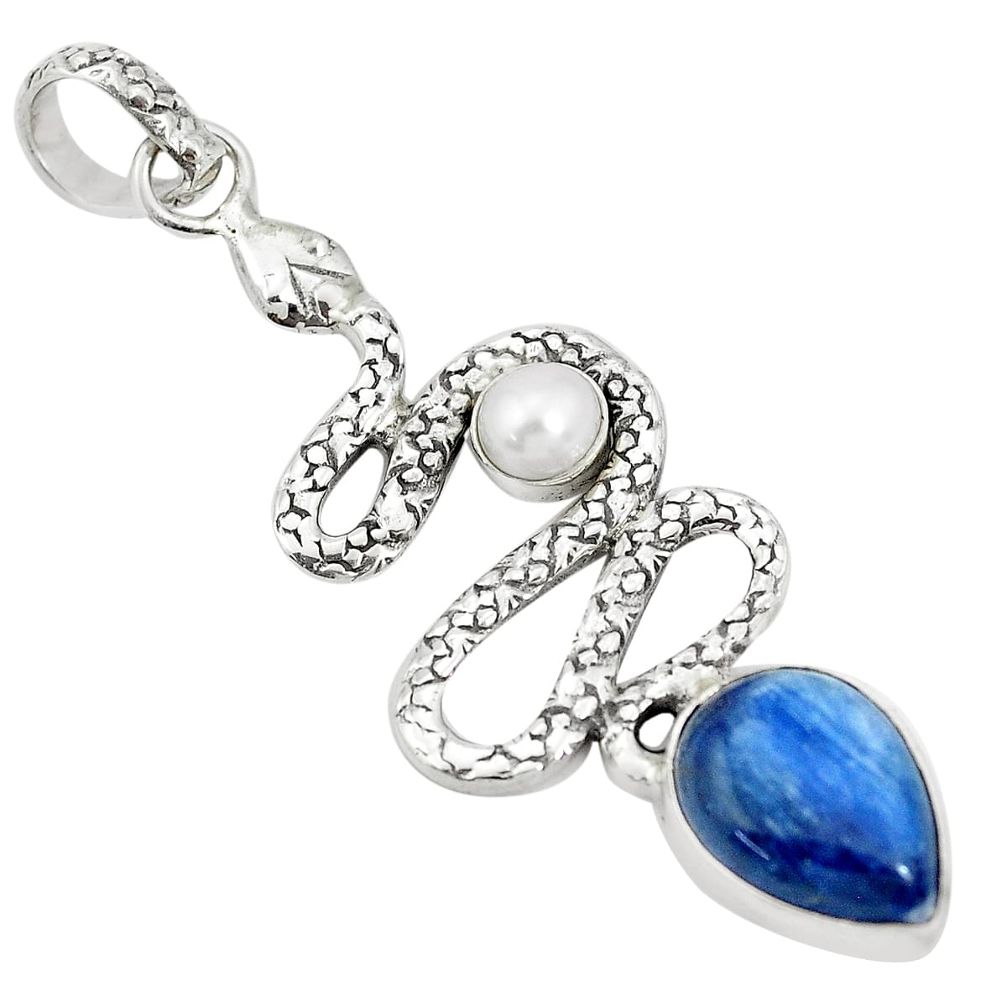 6.89cts natural blue kyanite pearl 925 sterling silver snake pendant p30058