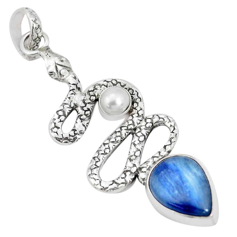 925 sterling silver 6.63cts natural blue kyanite pearl snake pendant p30060