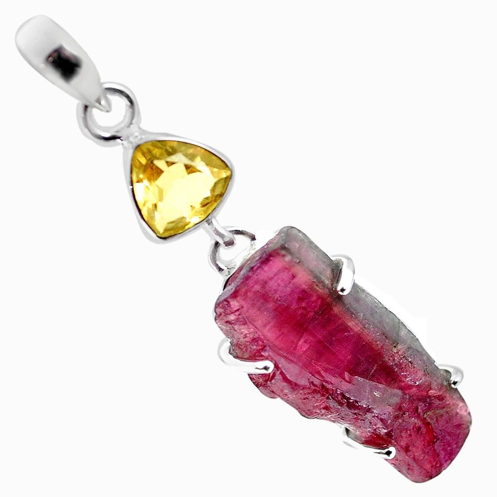 16.49cts natural watermelon tourmaline rough citrine 925 silver pendant p30166