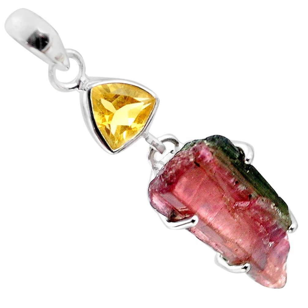 17.53cts natural watermelon tourmaline rough citrine 925 silver pendant p30172