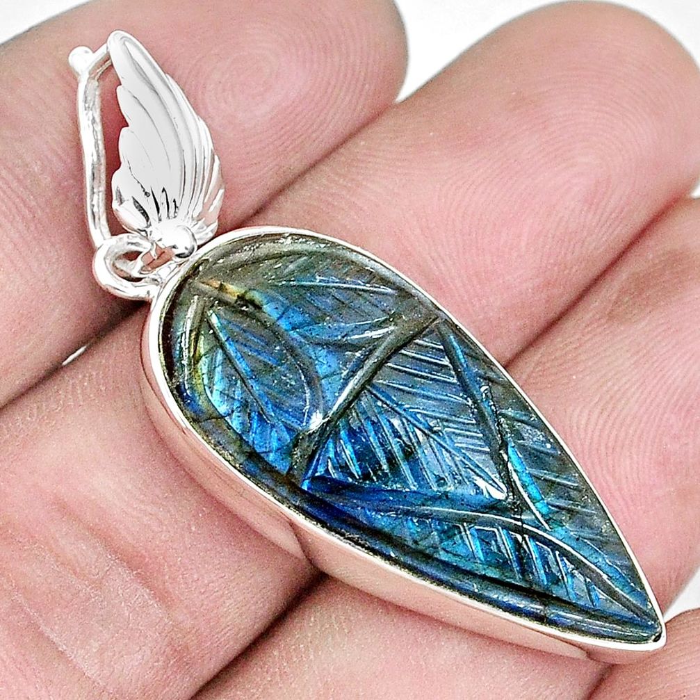 18.15cts carving natural blue labradorite 925 sterling silver pendant p30251