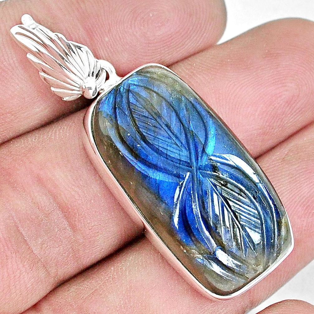 27.70cts carving natural blue labradorite 925 sterling silver pendant p30255