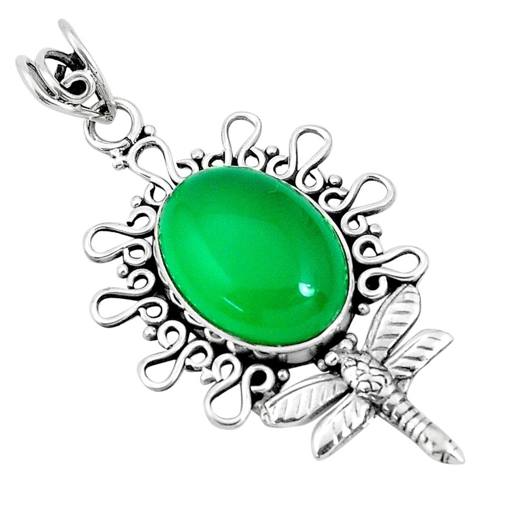 12.88cts natural green chalcedony 925 sterling silver dragonfly pendant p30421
