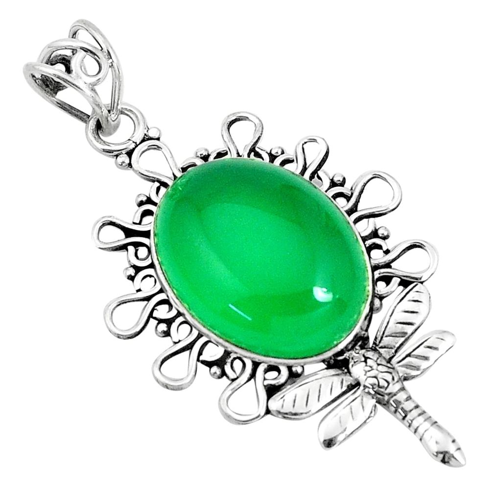 925 sterling silver 12.75cts natural green chalcedony dragonfly pendant p30424