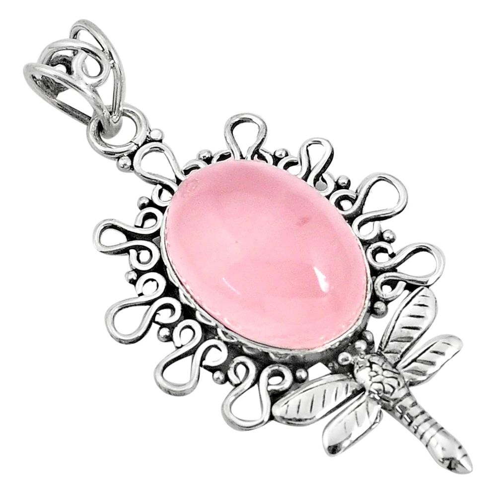 14.17cts natural pink rose quartz oval 925 silver dragonfly pendant p30426