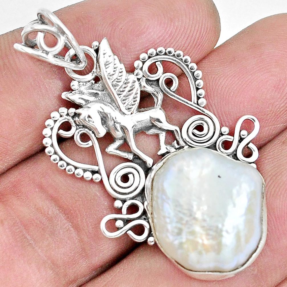 13.92cts natural white pearl fancy 925 sterling silver unicorn pendant p30430