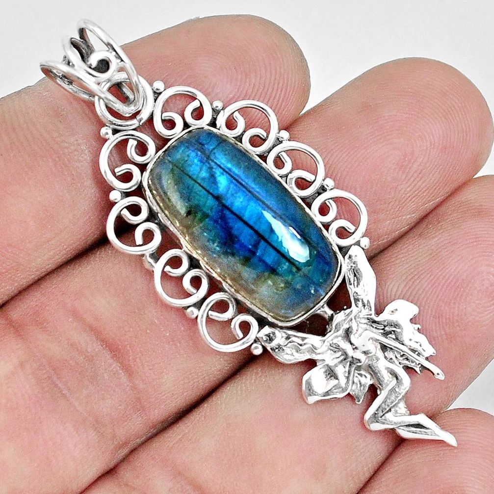 925 silver 13.38cts natural blue labradorite angel wings fairy pendant p30432