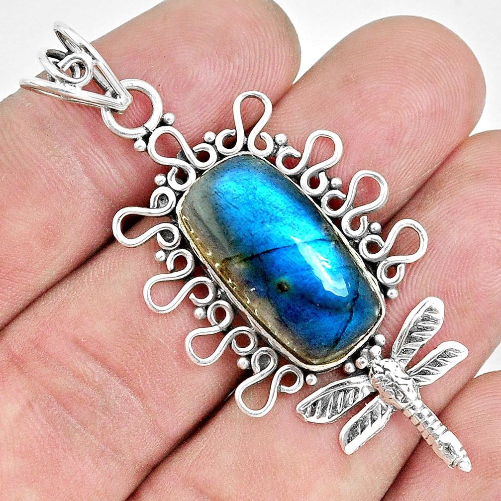 14.41cts natural blue labradorite 925 sterling silver dragonfly pendant p30433