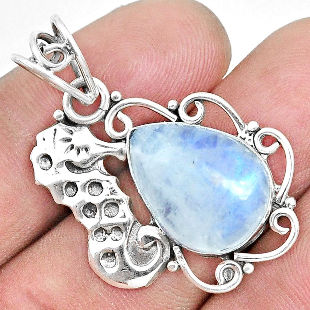 925 sterling silver 10.31cts natural rainbow moonstone seahorse pendant p30436