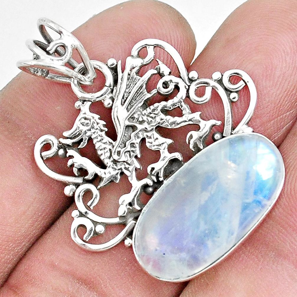 13.14cts natural rainbow moonstone 925 sterling silver dragon pendant p30438