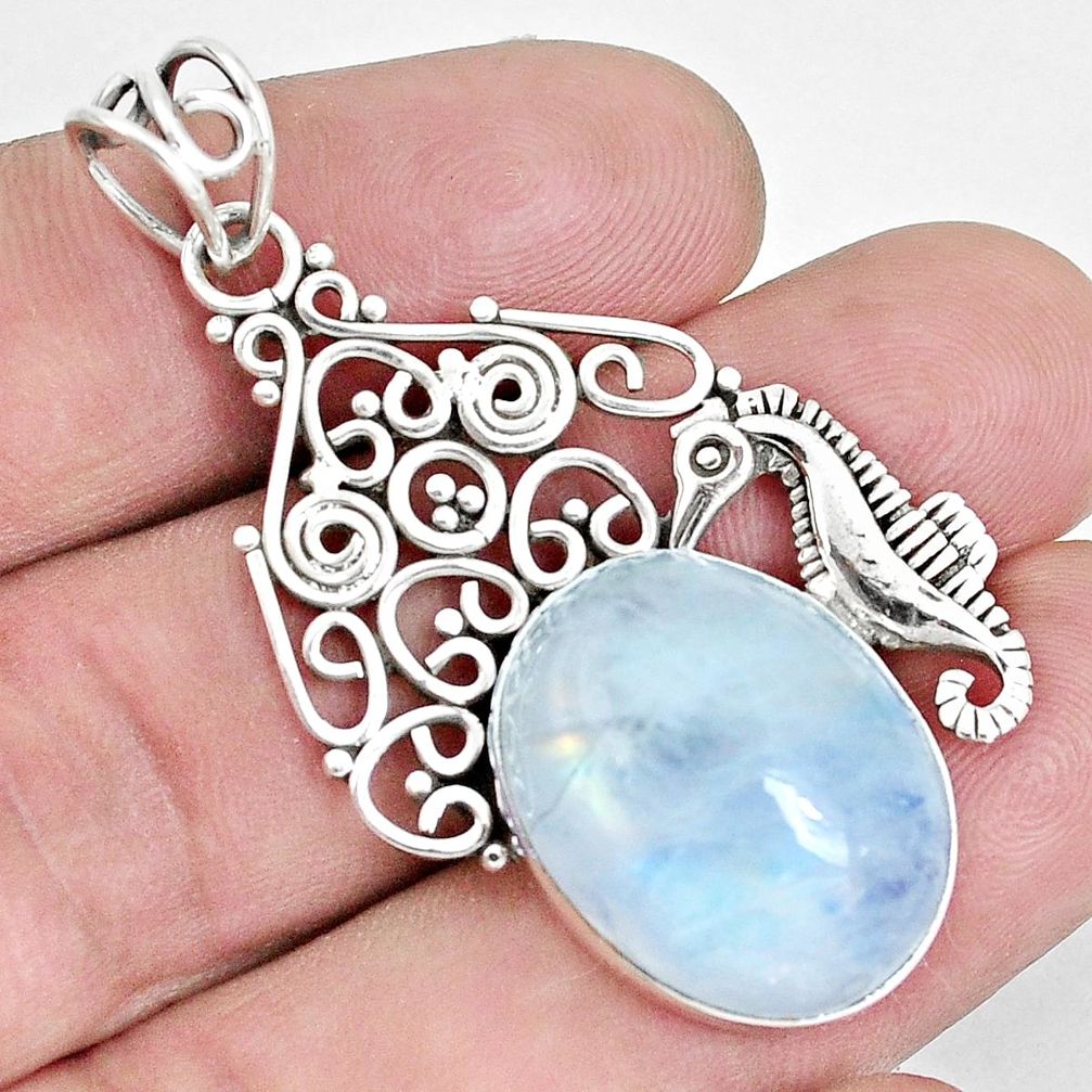 925 silver 18.57cts natural rainbow moonstone oval seahorse pendant p30439