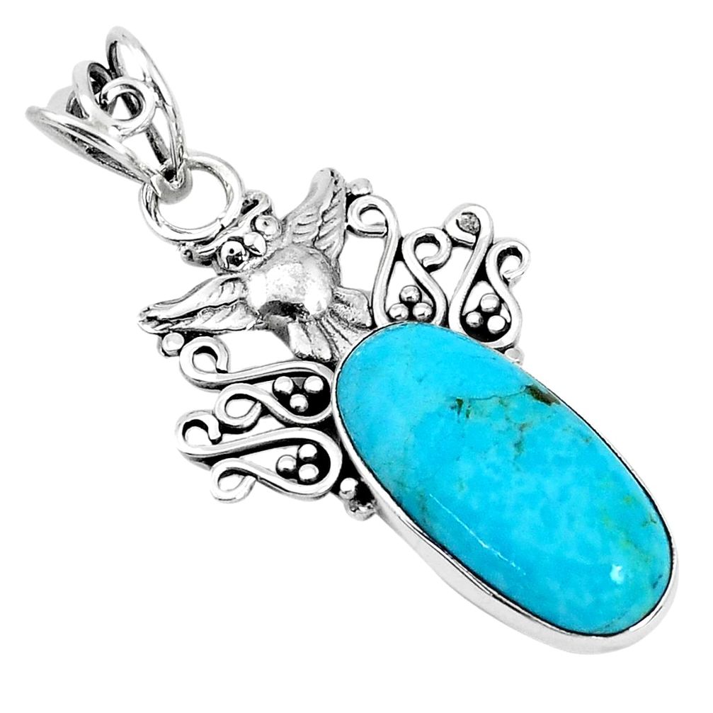9.83cts natural blue kingman turquoise 925 sterling silver owl pendant p30445
