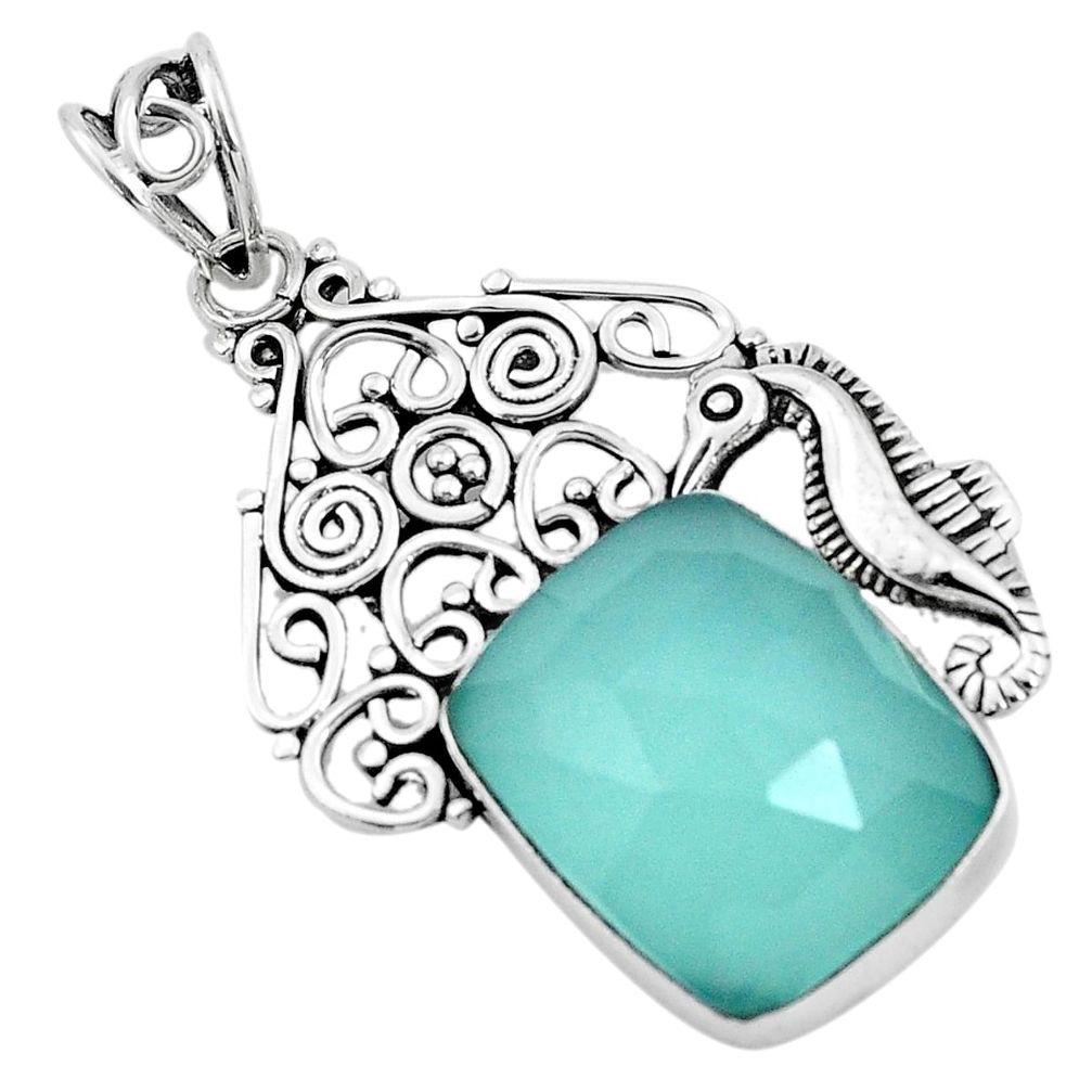 16.44cts natural aqua chalcedony 925 sterling silver seahorse pendant p30451