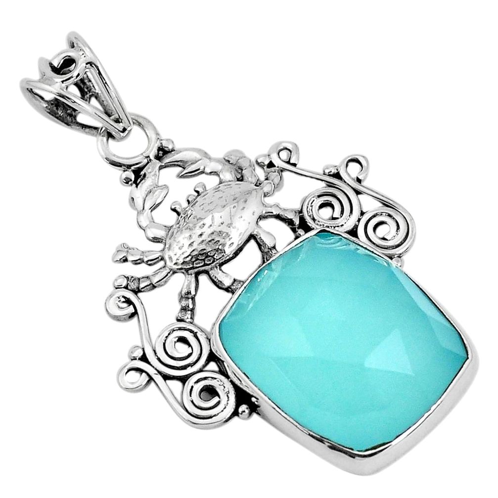 925 sterling silver 14.88cts natural aqua chalcedony crab pendant jewelry p30452