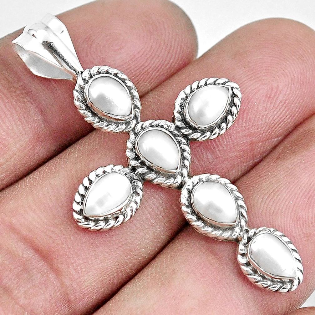 6.39cts natural white pearl 925 sterling silver holy cross pendant p30698