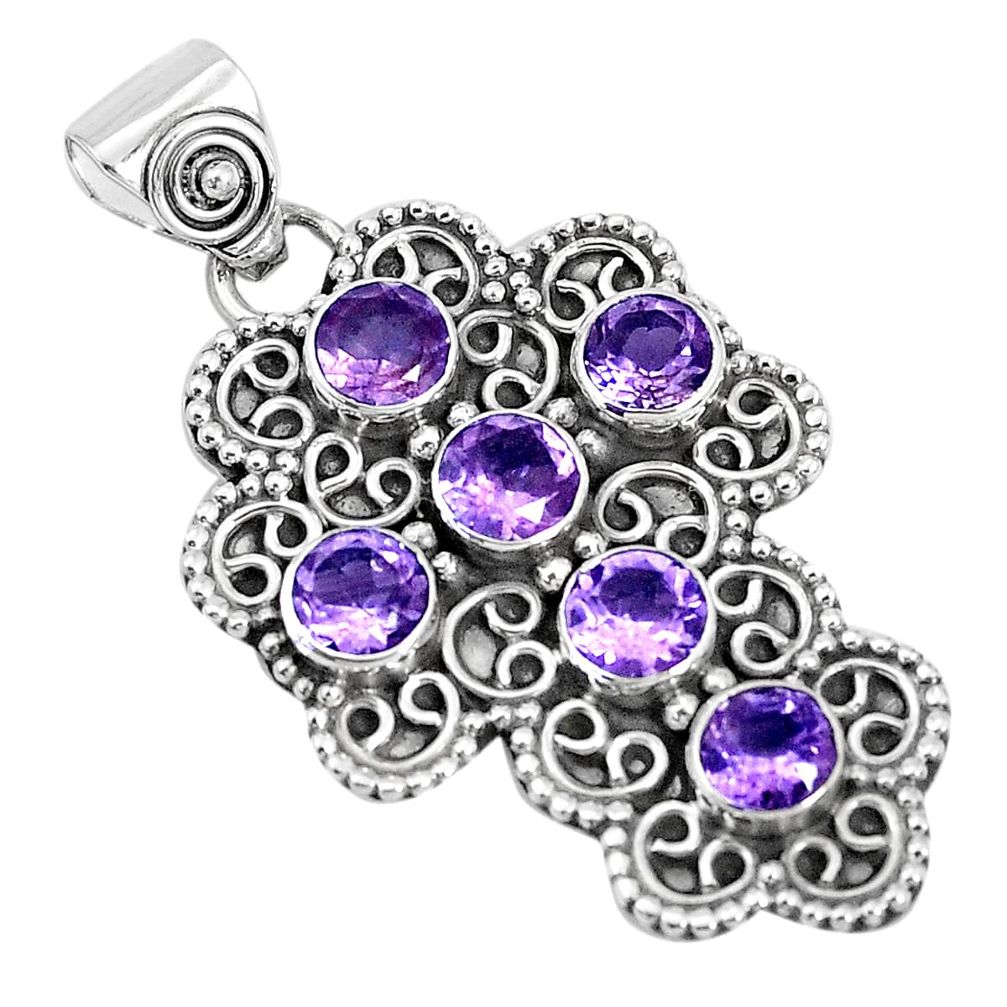 5.42cts natural purple amethyst round 925 sterling silver cross pendant p30708