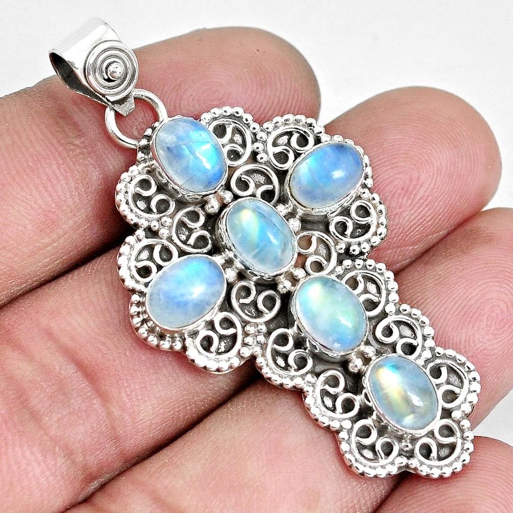 9.62cts natural rainbow moonstone 925 sterling silver holy cross pendant p30720