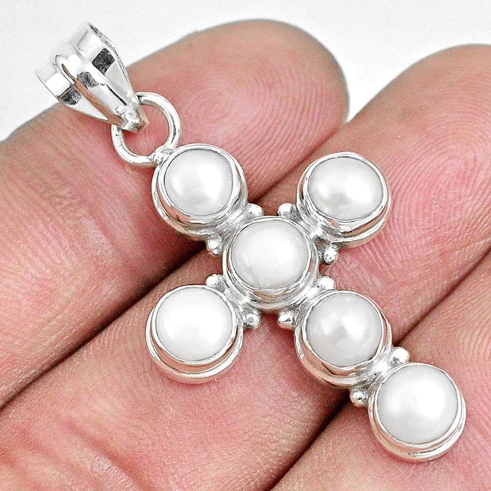 5.69cts natural white pearl round 925 sterling silver holy cross pendant p30734