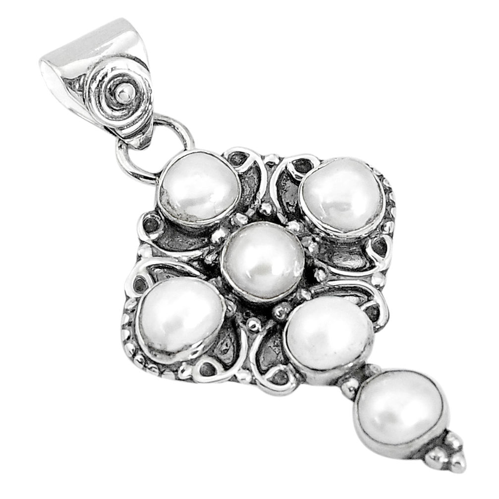 925 sterling silver 5.06cts natural white pearl round holy cross pendant p30775