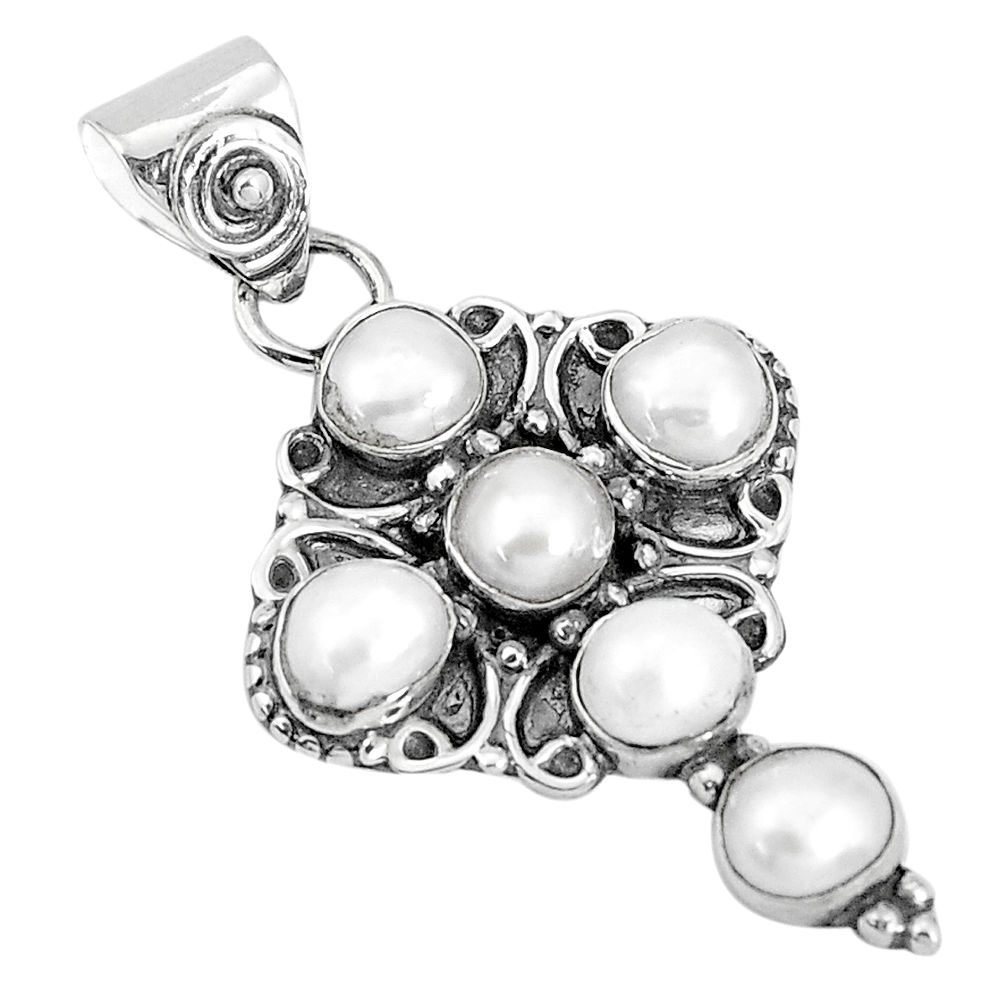 5.23cts natural white pearl round 925 sterling silver holy cross pendant p30776