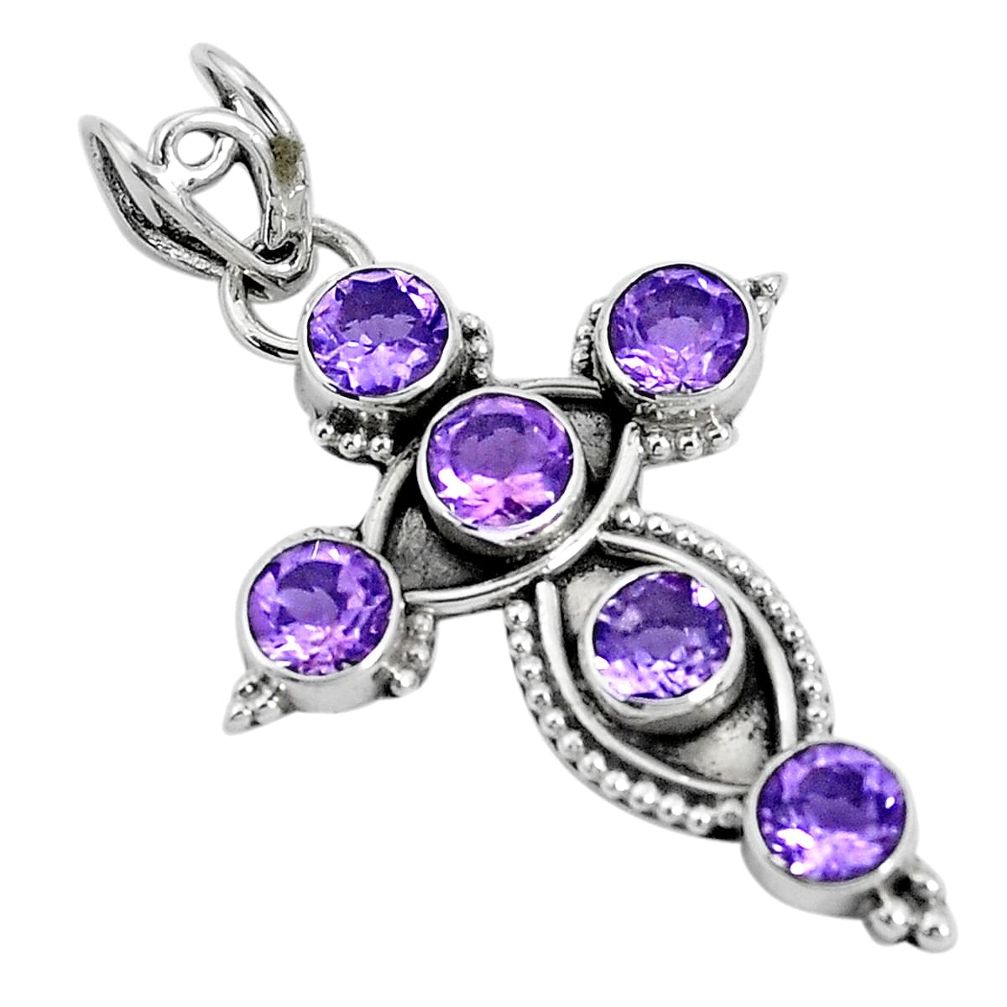 925 sterling silver 5.28cts natural purple amethyst round cross pendant p30787