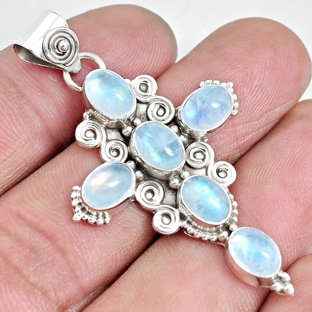 9.67cts natural rainbow moonstone 925 sterling silver holy cross pendant p30820