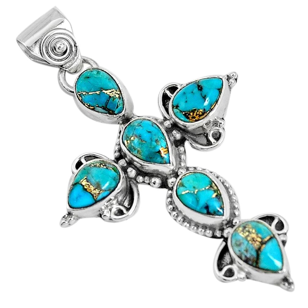 8.77cts blue copper turquoise 925 sterling silver holy cross pendant p30833