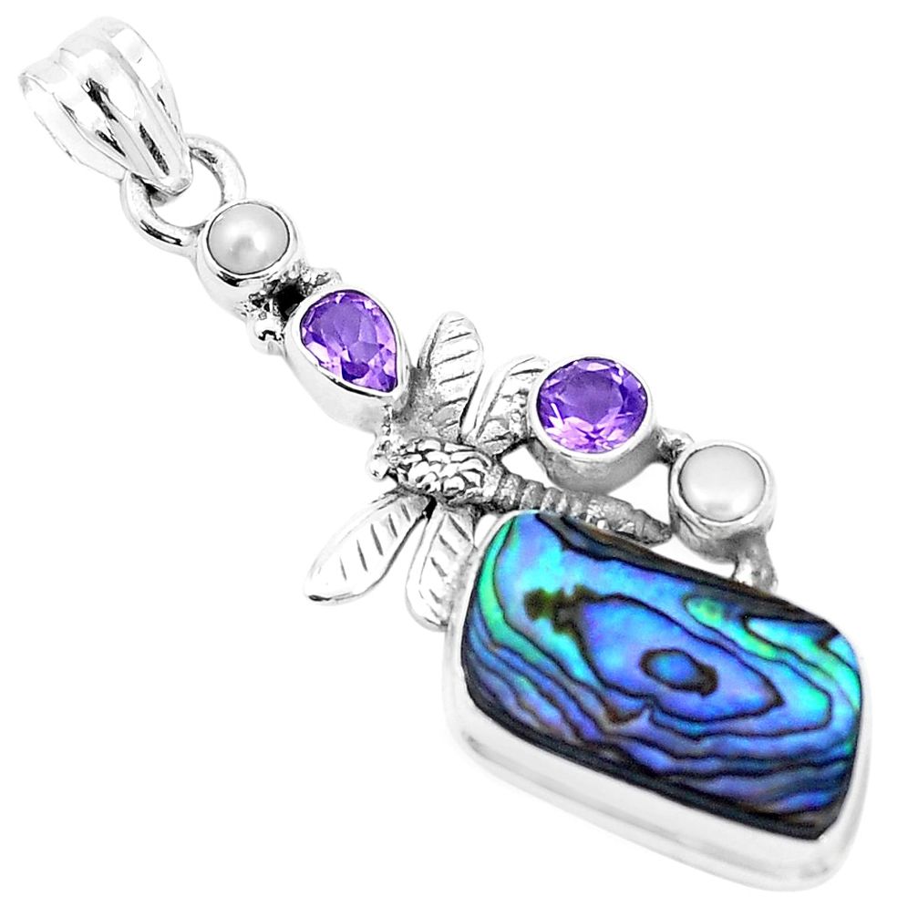 12.72cts natural green abalone paua seashell 925 silver dragonfly pendant p30994