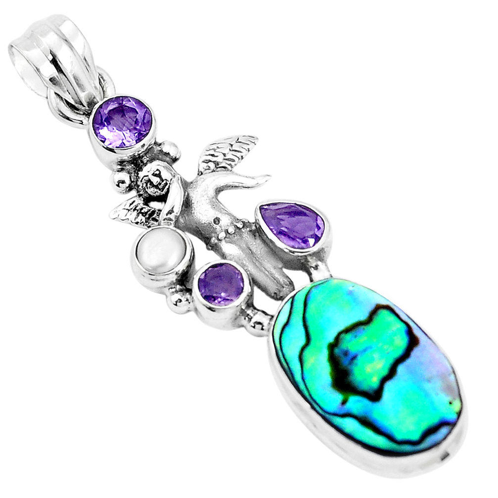 Natural green abalone paua seashell 925 silver cupid angel wings pendant p30998