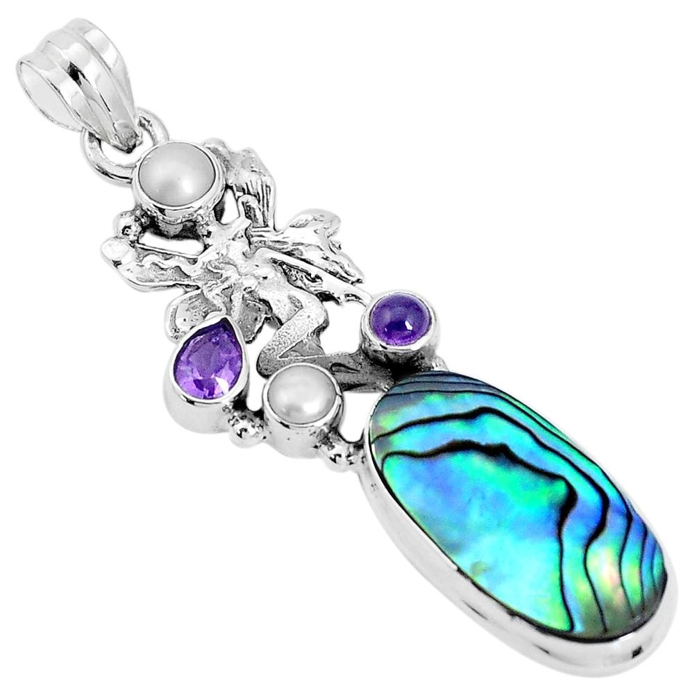 Natural abalone paua seashell amethyst silver angel wing fairy pendant p31019