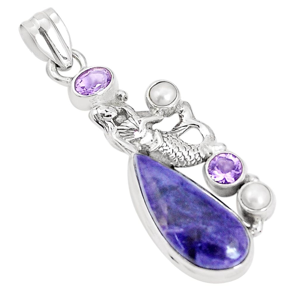 14.09cts natural purple charoite pearl 925 silver fairy mermaid pendant p31262